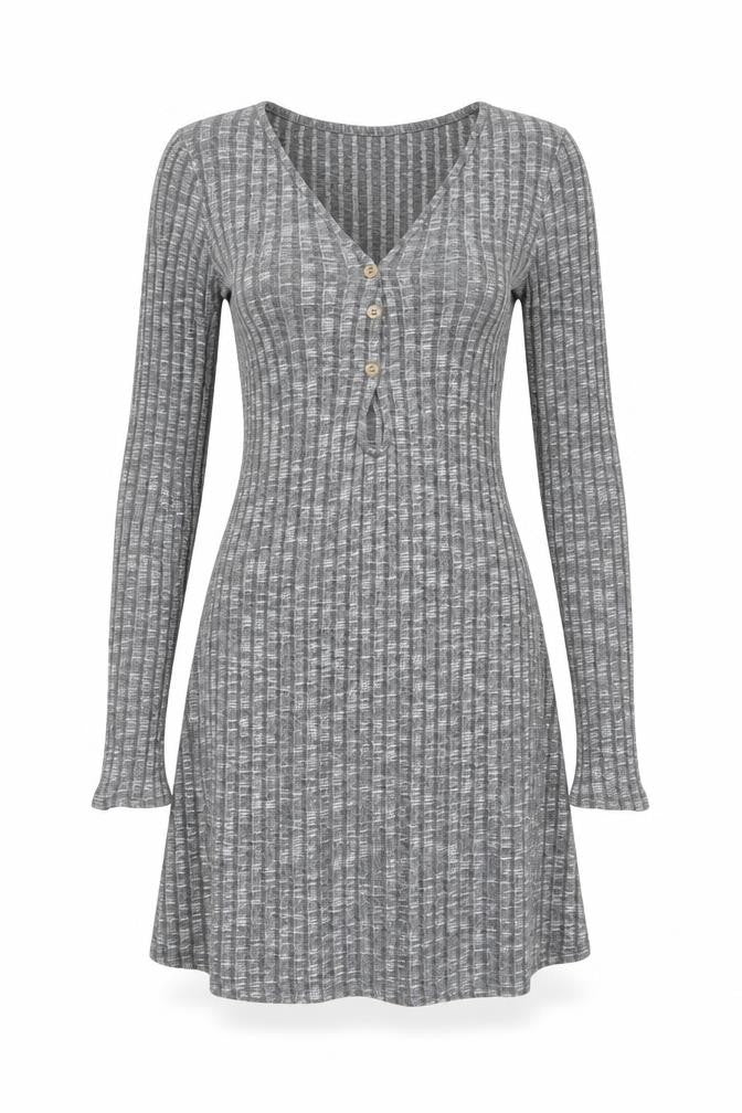 ASOS Design Women Grey Rib Knit Button Skater Dress UK 8