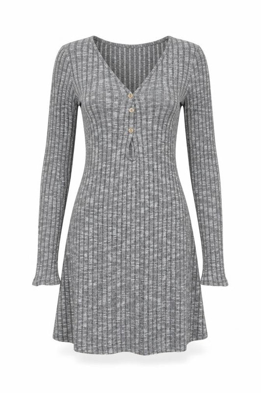 ASOS Design Women Grey Rib Knit Button Skater Dress UK 8