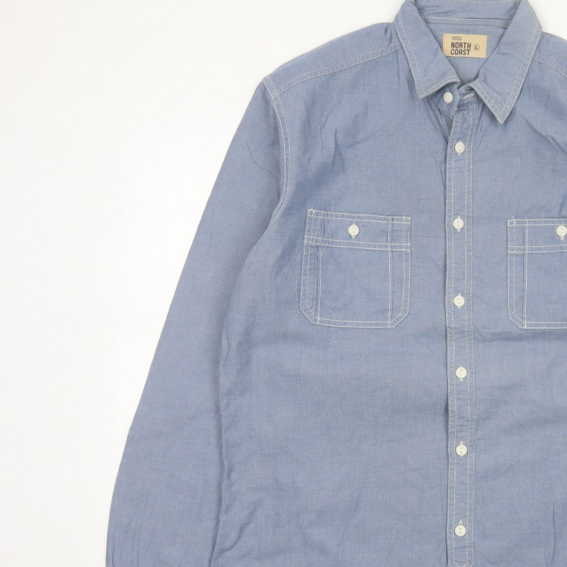 Marks & Spencer Men Blue L Chambray Cotton Button-Up Workwear Shirt