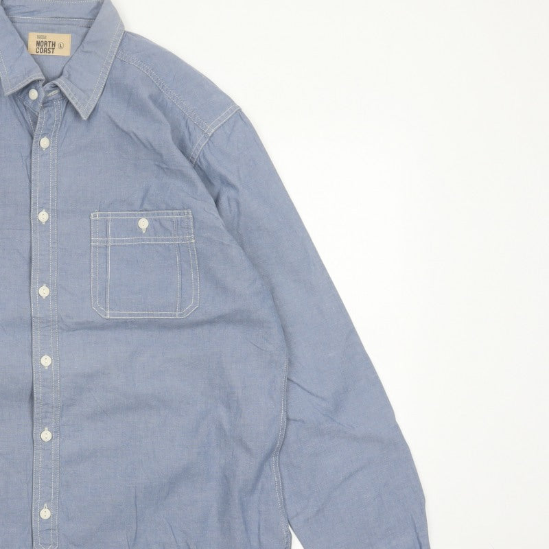 Marks & Spencer Men Blue L Chambray Cotton Button-Up Workwear Shirt