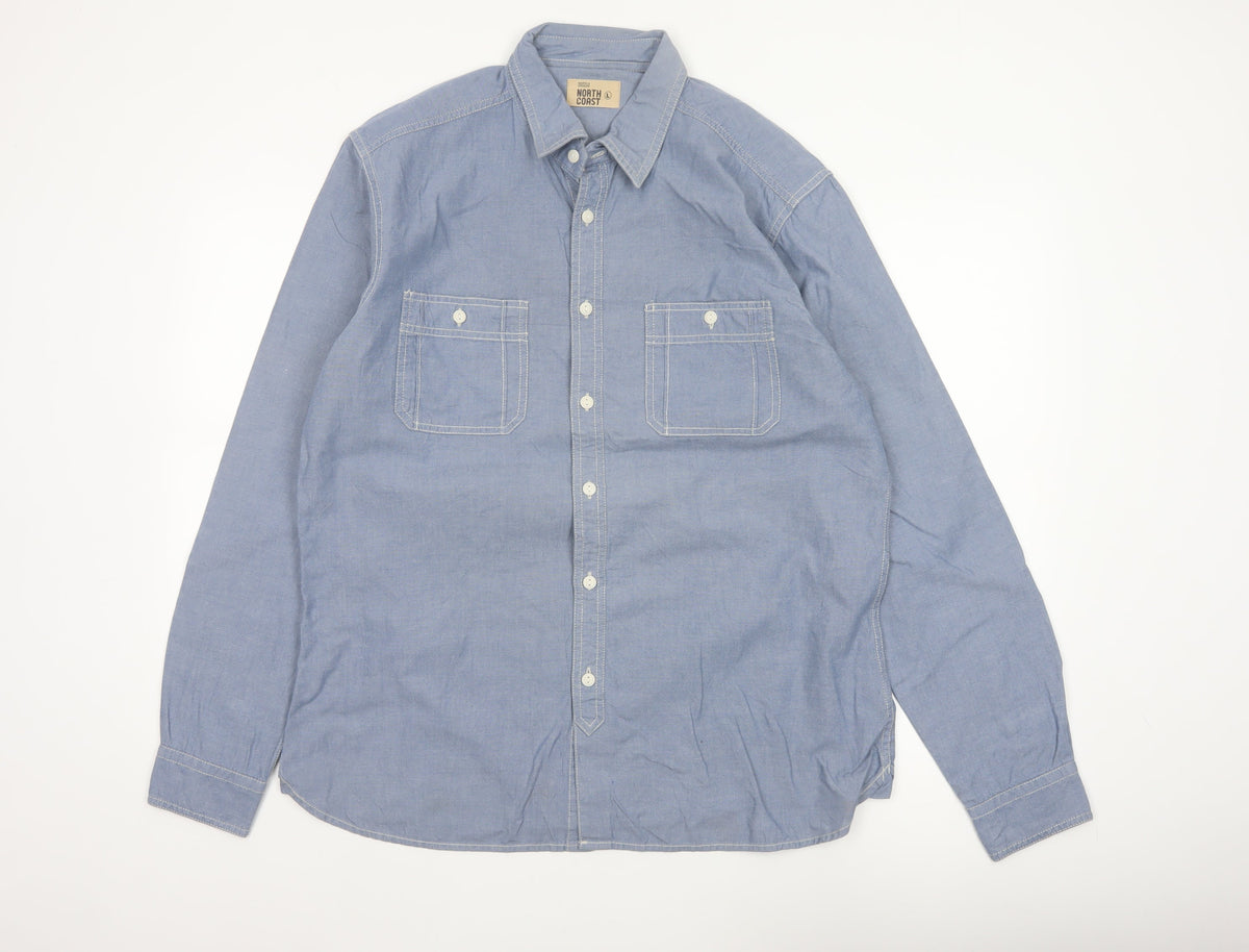 Marks & Spencer Men Blue L Chambray Cotton Button-Up Workwear Shirt