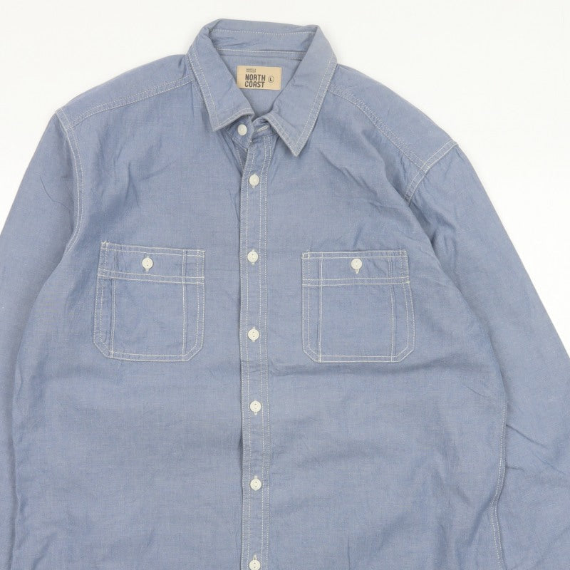 Marks & Spencer Men Blue L Chambray Cotton Button-Up Workwear Shirt
