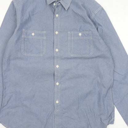 Marks & Spencer Men Blue L Chambray Cotton Button-Up Workwear Shirt