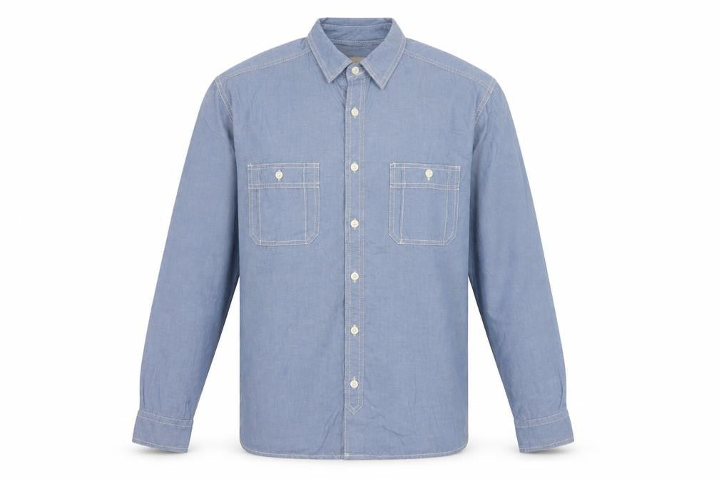 Marks & Spencer Men Blue L Chambray Cotton Button-Up Workwear Shirt