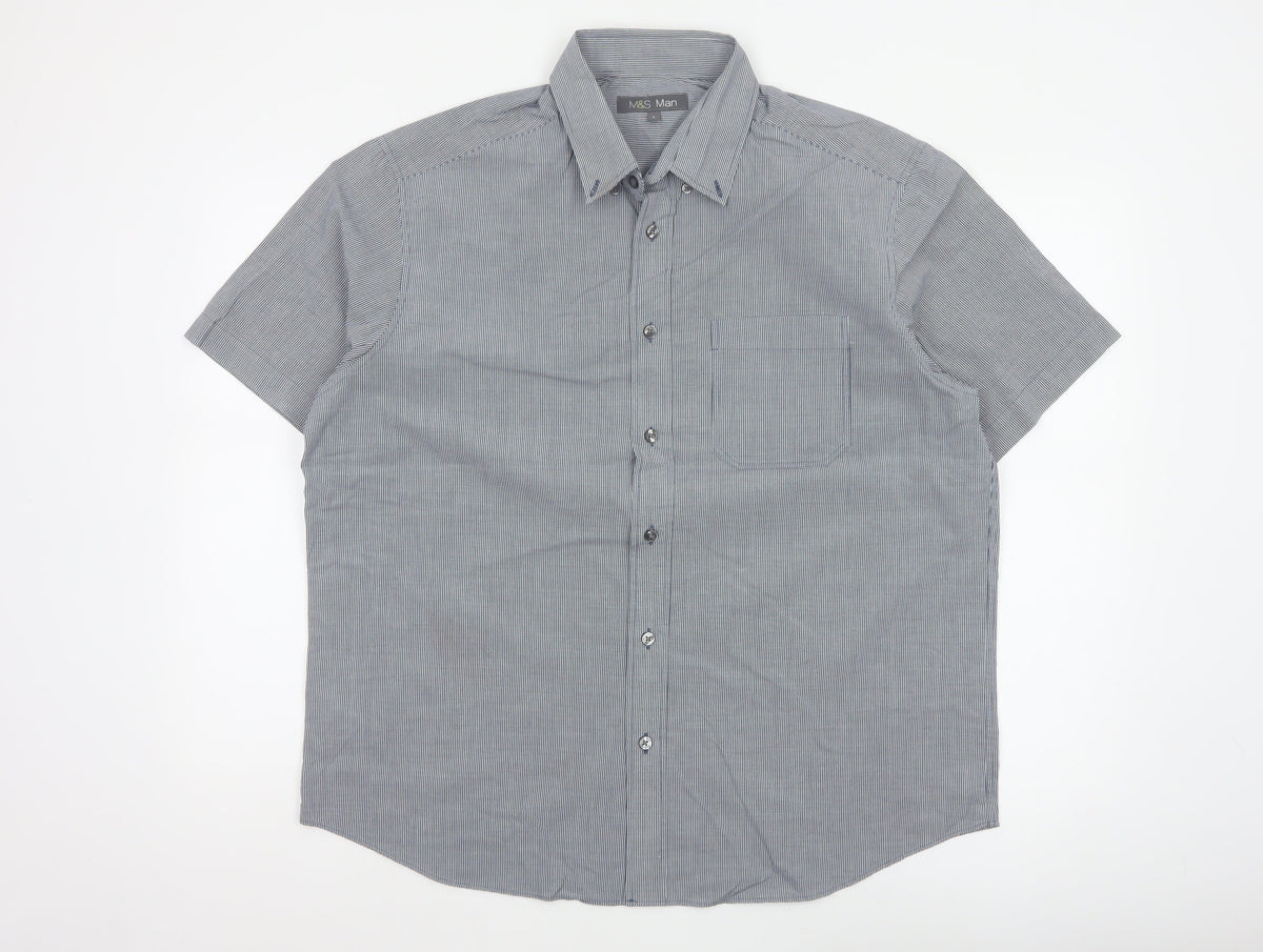 Marks and Spencer Men Blue Check L Short Sleeve Button-Up Shirt