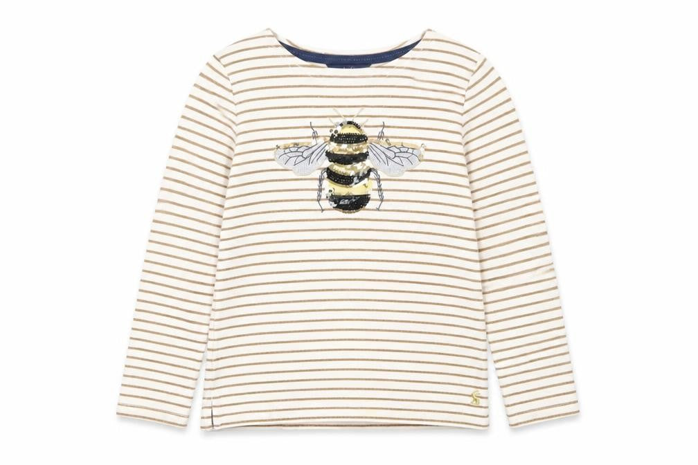 Joules Girls Ivory Gold Striped Bee Sequin Long Sleeve T-Shirt 9 Years
