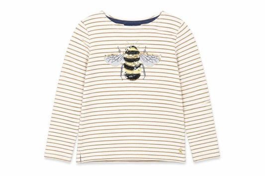 Front view of Joules girls’ ivory gold striped bee sequin long sleeve t-shirt 9 years