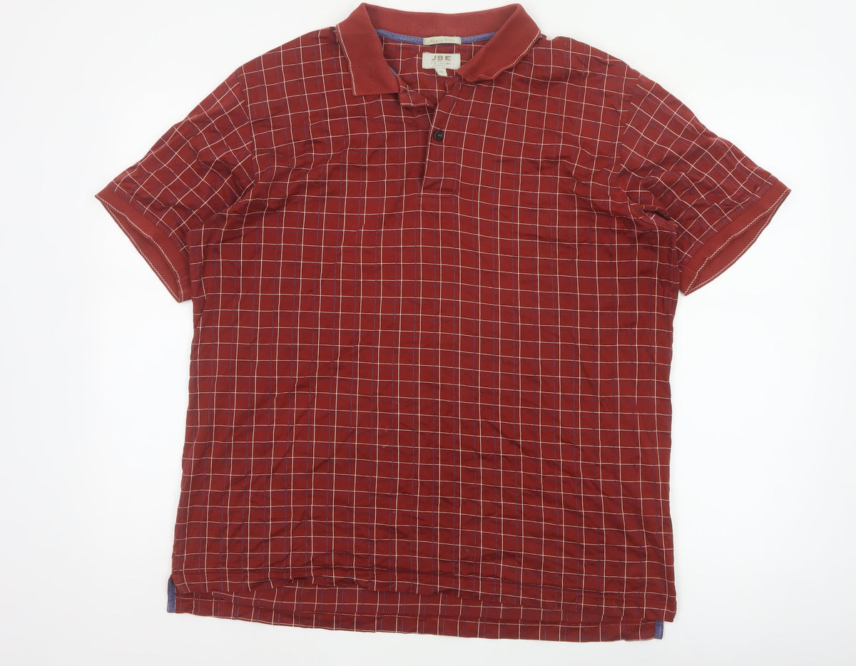 JBE Men’s Red Check Short Sleeve Button Polo Shirt Size M