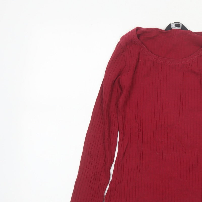 Dorothy Perkins Women Red UK 8 Ribbed Cotton Scoop Neck Long Sleeve Top