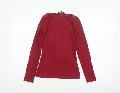 Dorothy Perkins Women Red UK 8 Ribbed Cotton Scoop Neck Long Sleeve Top