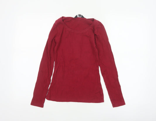 Dorothy Perkins Women Red UK 8 Ribbed Cotton Scoop Neck Long Sleeve Top