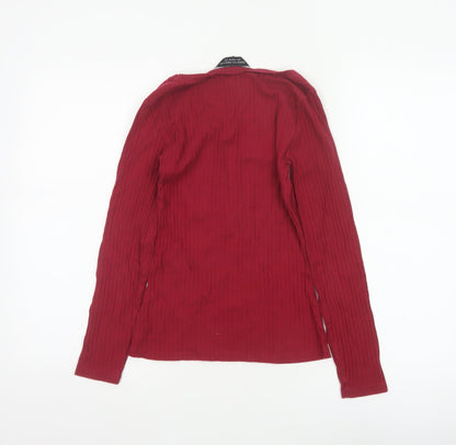 Dorothy Perkins Women Red UK 8 Ribbed Cotton Scoop Neck Long Sleeve Top