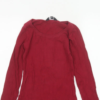 Dorothy Perkins Women Red UK 8 Ribbed Cotton Scoop Neck Long Sleeve Top