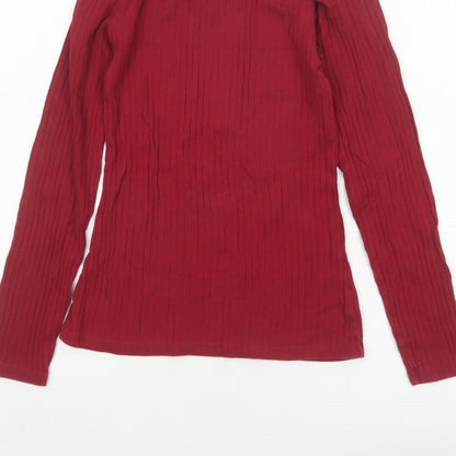 Dorothy Perkins Women Red UK 8 Ribbed Cotton Scoop Neck Long Sleeve Top