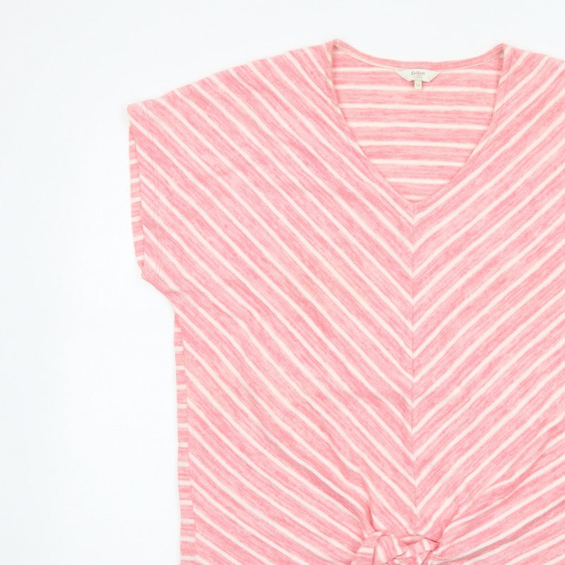 Cotton Traders Women Pink Stripe V-Neck Tie Front T-Shirt UK 14