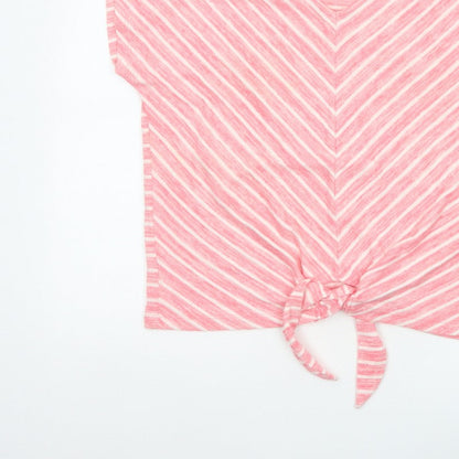 Cotton Traders Women Pink Stripe V-Neck Tie Front T-Shirt UK 14