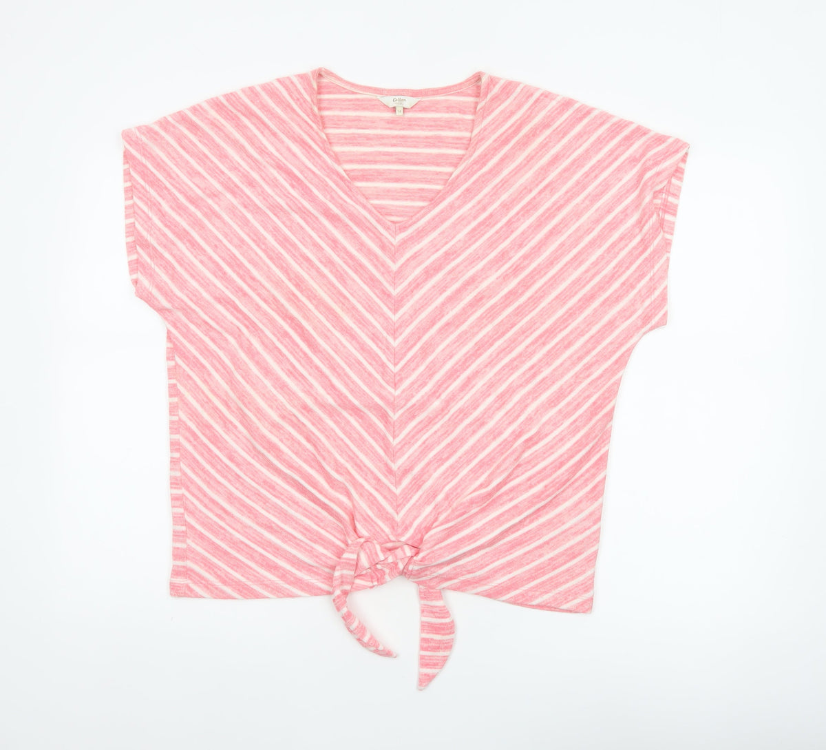 Cotton Traders Women Pink Stripe V-Neck Tie Front T-Shirt UK 14