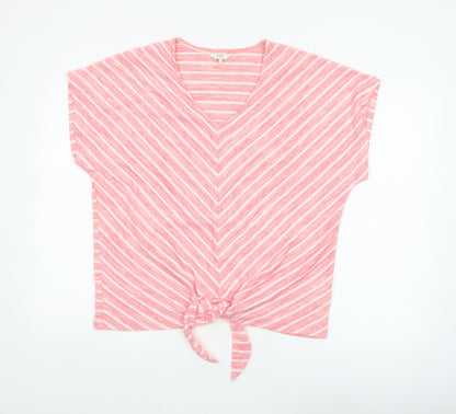 Cotton Traders Women Pink Stripe V-Neck Tie Front T-Shirt UK 14