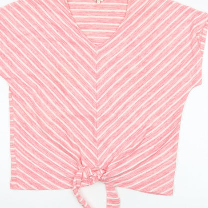 Cotton Traders Women Pink Stripe V-Neck Tie Front T-Shirt UK 14