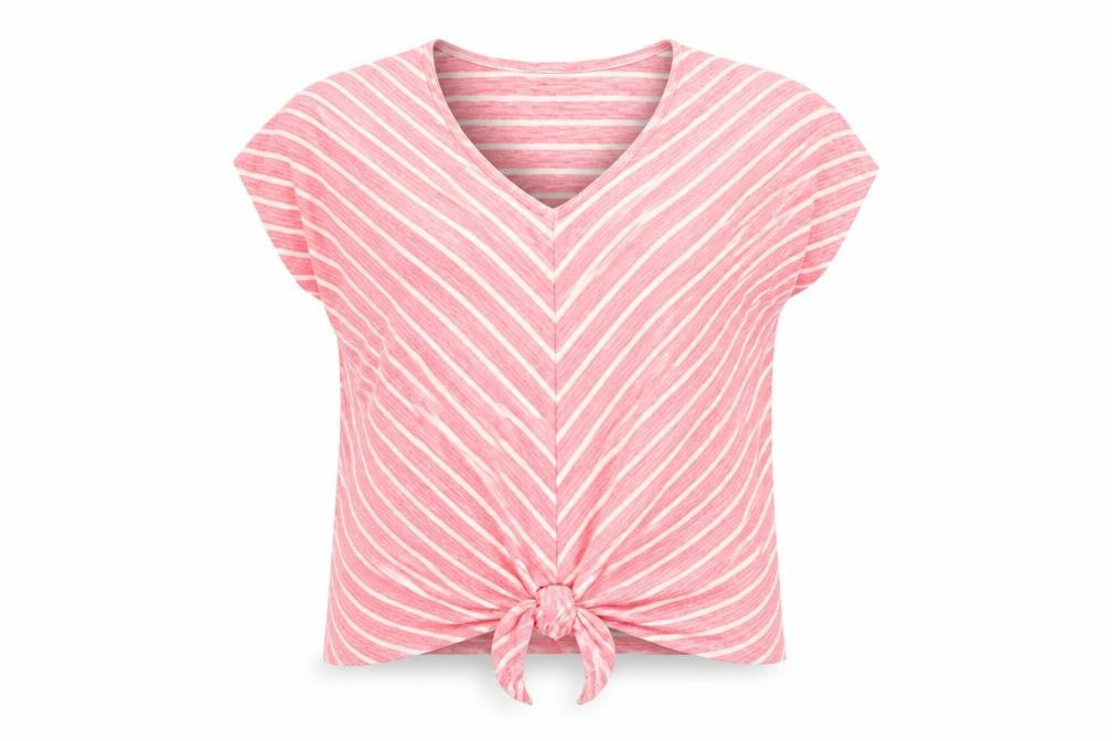 Cotton Traders Women Pink Stripe V-Neck Tie Front T-Shirt UK 14