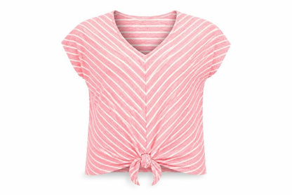 Cotton Traders Women Pink Stripe V-Neck Tie Front T-Shirt UK 14