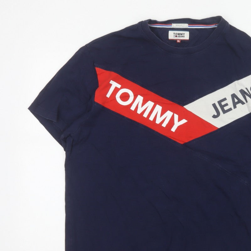 Tommy Jeans Men's Blue XL Colourblock Logo Graphic Cotton T-Shirt