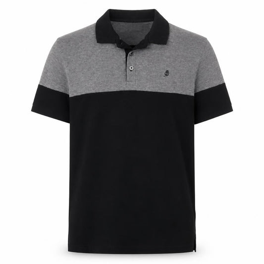 Front view of Burton men’s black grey colourblock cotton polo shirt, size L