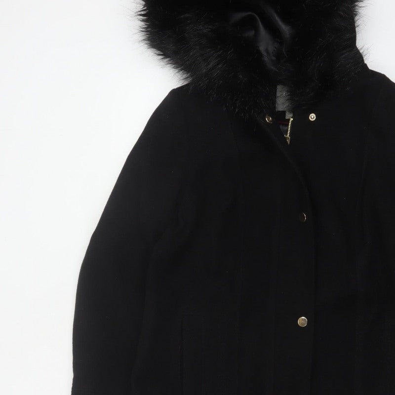 Oasis Women’s Black M Long Hooded Faux Fur Trim Parka Coat