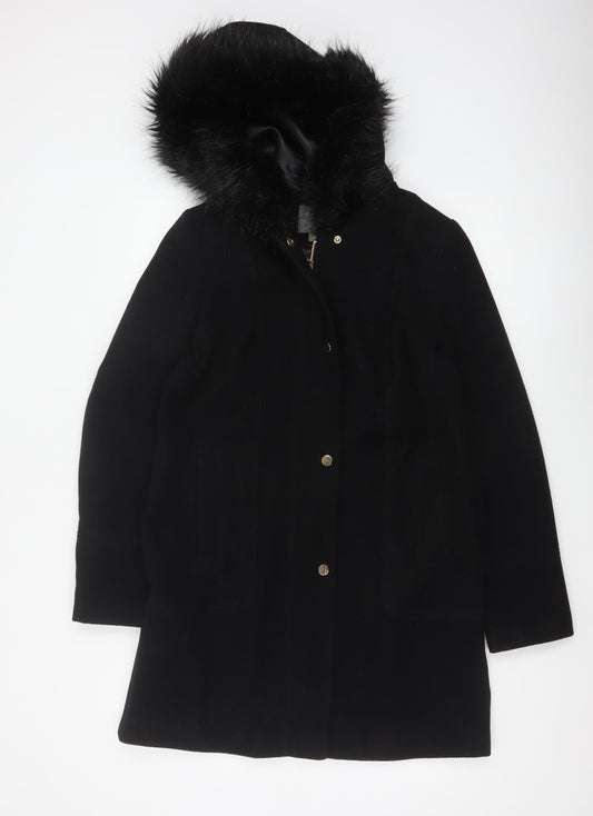Oasis Women’s Black M Long Hooded Faux Fur Trim Parka Coat