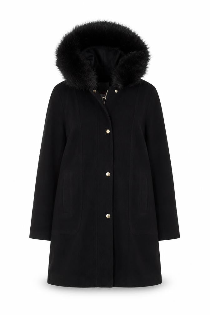 Oasis Women’s Black M Long Hooded Faux Fur Trim Parka Coat