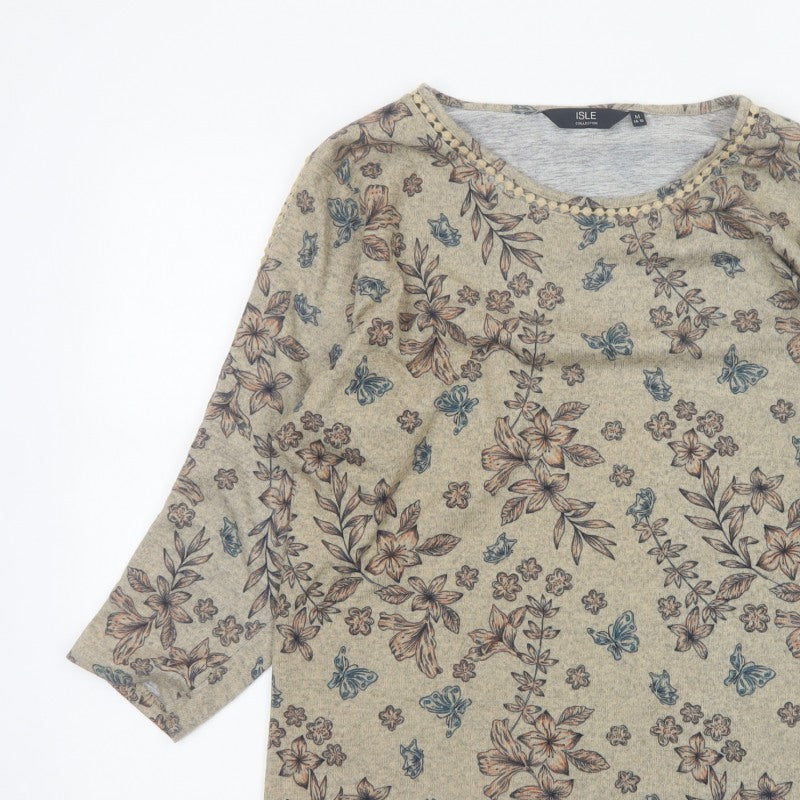 Isle Women Beige Floral 3/4 Sleeve Jersey Blouse UK 14-16 M