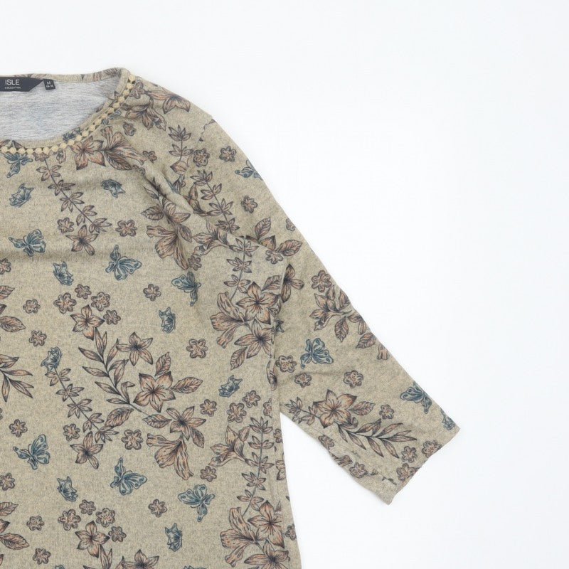 Isle Women Beige Floral 3/4 Sleeve Jersey Blouse UK 14-16 M