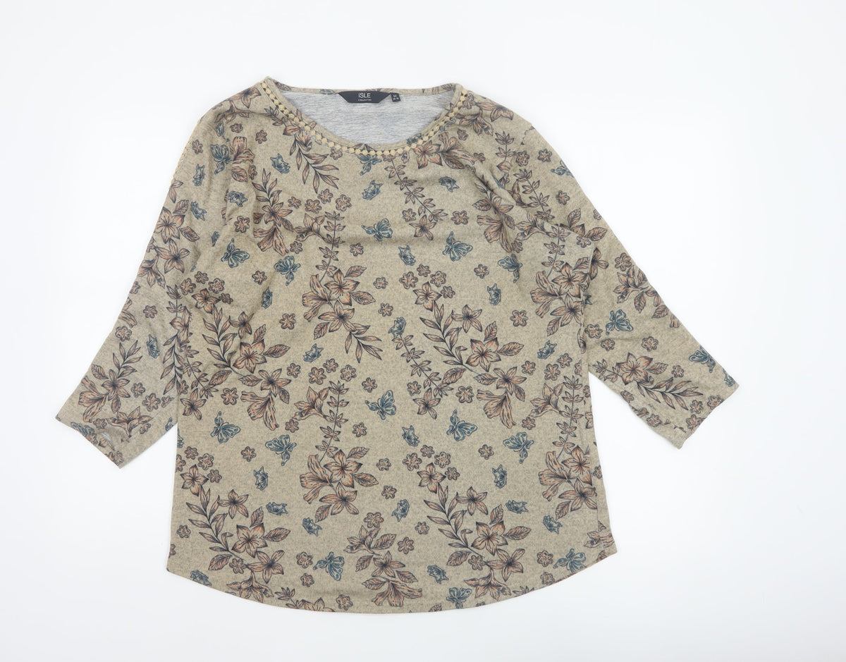 Isle Women Beige Floral 3/4 Sleeve Jersey Blouse UK 14-16 M
