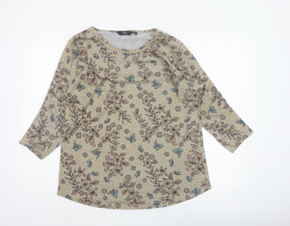 Isle Women Beige Floral 3/4 Sleeve Jersey Blouse UK 14-16 M