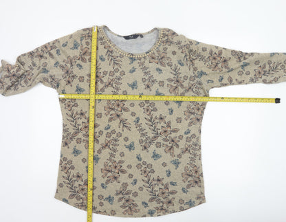 Isle Women Beige Floral 3/4 Sleeve Jersey Blouse UK 14-16 M