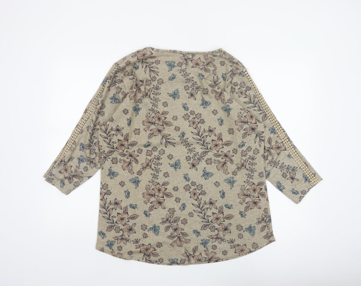 Isle Women Beige Floral 3/4 Sleeve Jersey Blouse UK 14-16 M