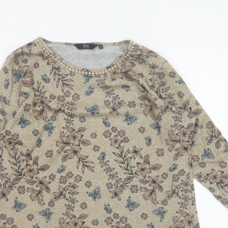 Isle Women Beige Floral 3/4 Sleeve Jersey Blouse UK 14-16 M