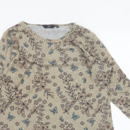 Isle Women Beige Floral 3/4 Sleeve Jersey Blouse UK 14-16 M