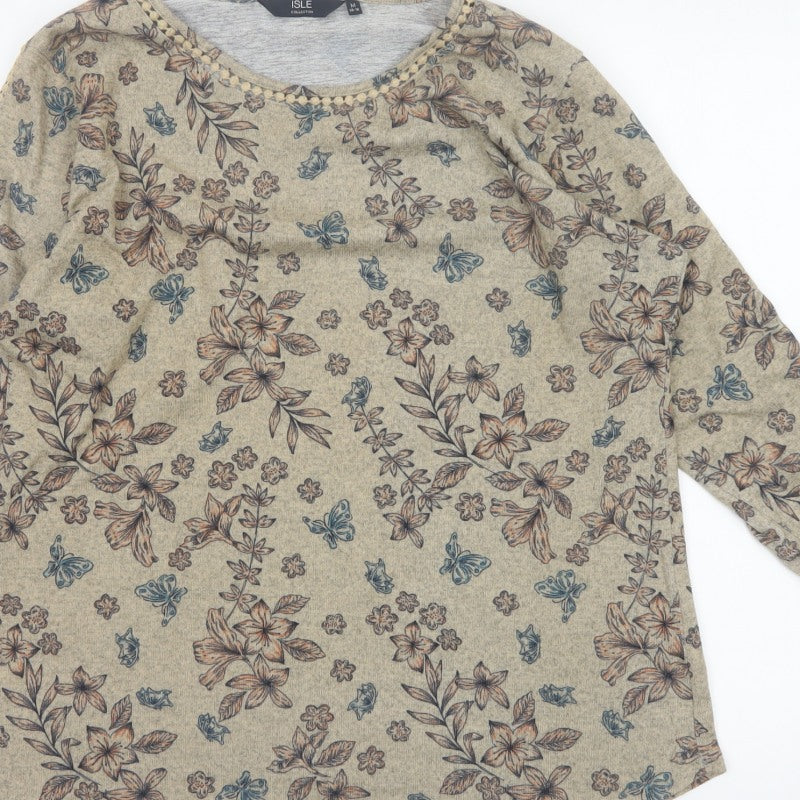Isle Women Beige Floral 3/4 Sleeve Jersey Blouse UK 14-16 M