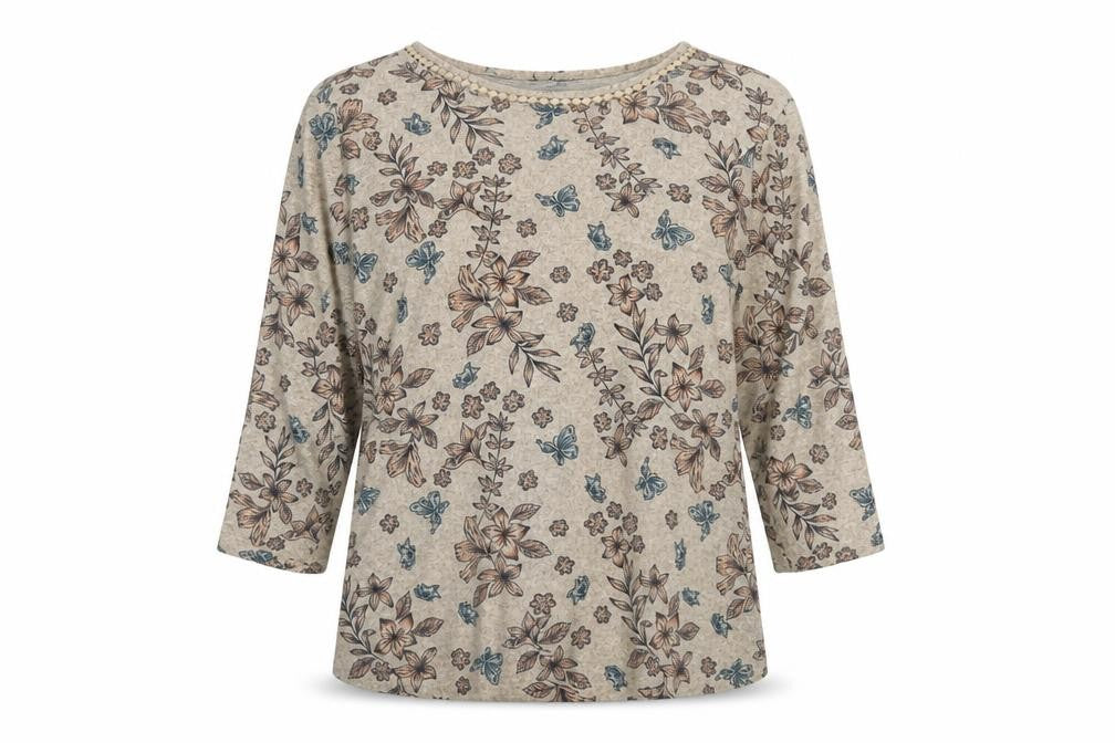 Isle Women Beige Floral 3/4 Sleeve Jersey Blouse UK 14-16 M