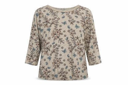 Isle Women Beige Floral 3/4 Sleeve Jersey Blouse UK 14-16 M