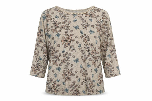 Isle Women Beige Floral 3/4 Sleeve Jersey Blouse UK 14-16 M