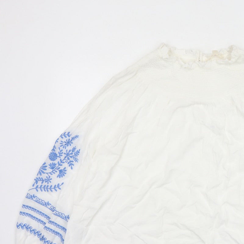 Marks and Spencer Women White Blue Floral Embroidered Blouse UK 16