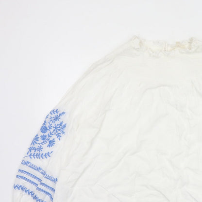 Marks and Spencer Women White Blue Floral Embroidered Blouse UK 16