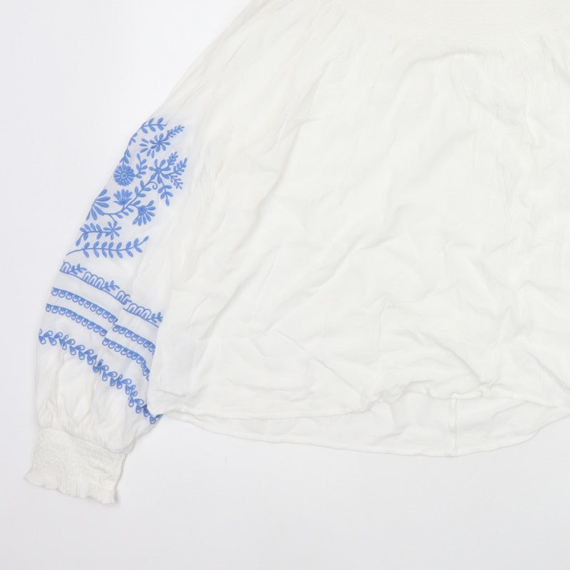 Marks and Spencer Women White Blue Floral Embroidered Blouse UK 16