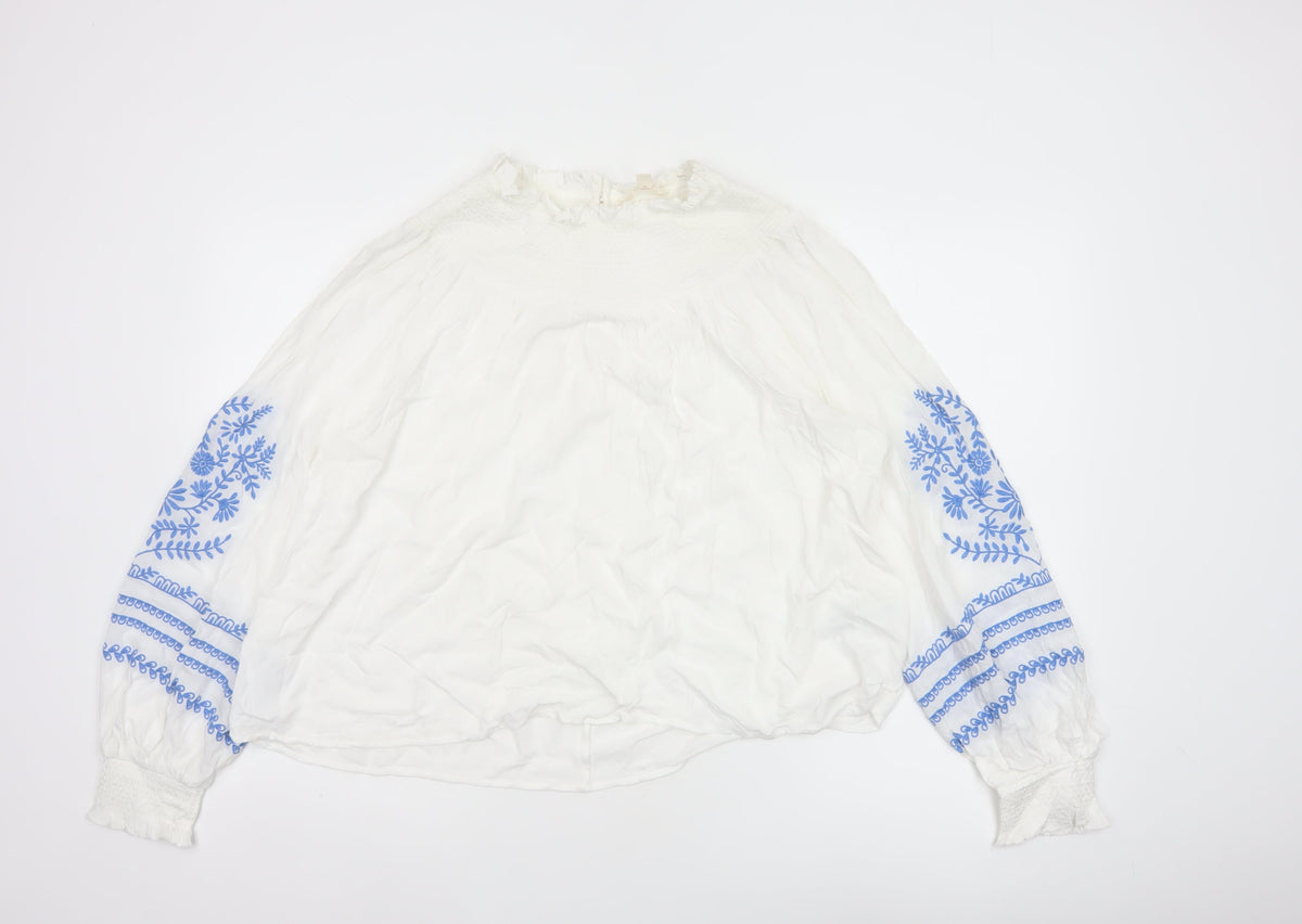 Marks and Spencer Women White Blue Floral Embroidered Blouse UK 16