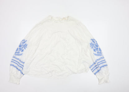 Marks and Spencer Women White Blue Floral Embroidered Blouse UK 16
