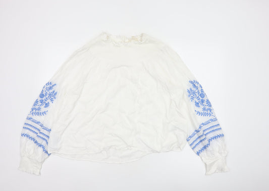 Marks and Spencer Women White Blue Floral Embroidered Blouse UK 16