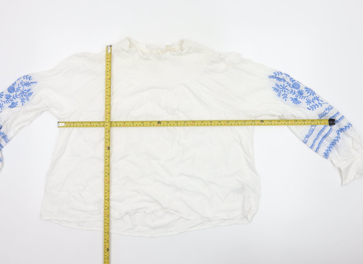Marks and Spencer Women White Blue Floral Embroidered Blouse UK 16