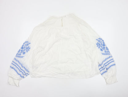 Marks and Spencer Women White Blue Floral Embroidered Blouse UK 16